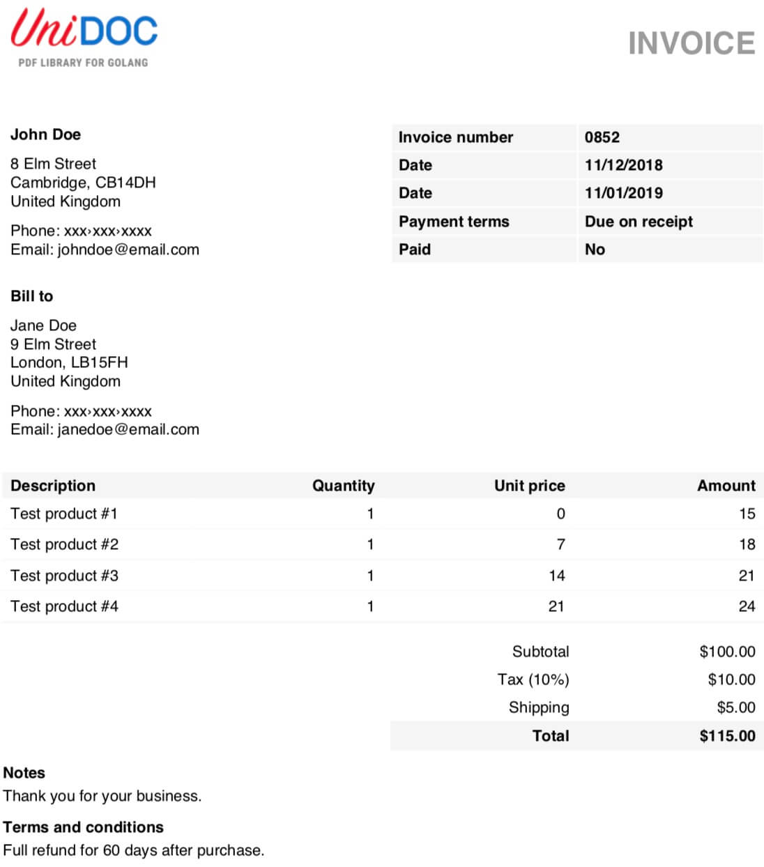 Generated PDF invoice with UniPDF